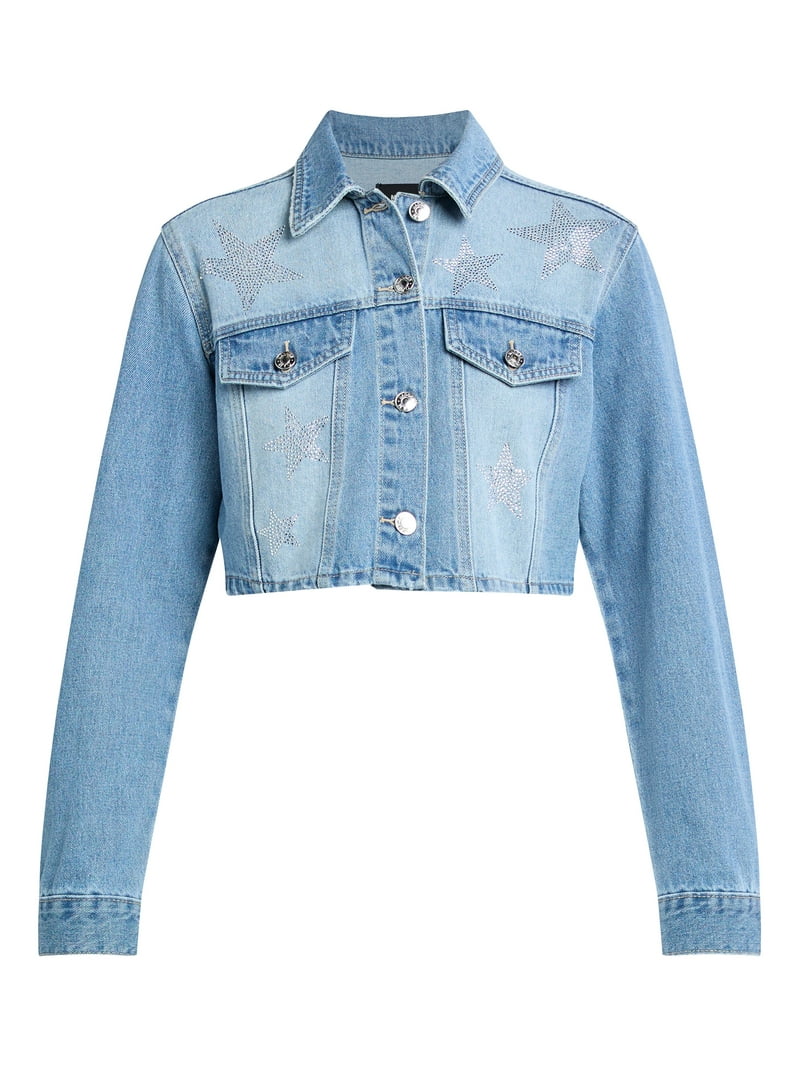Madden NYC Women's Cropped Denim Jacket with Rhinestones