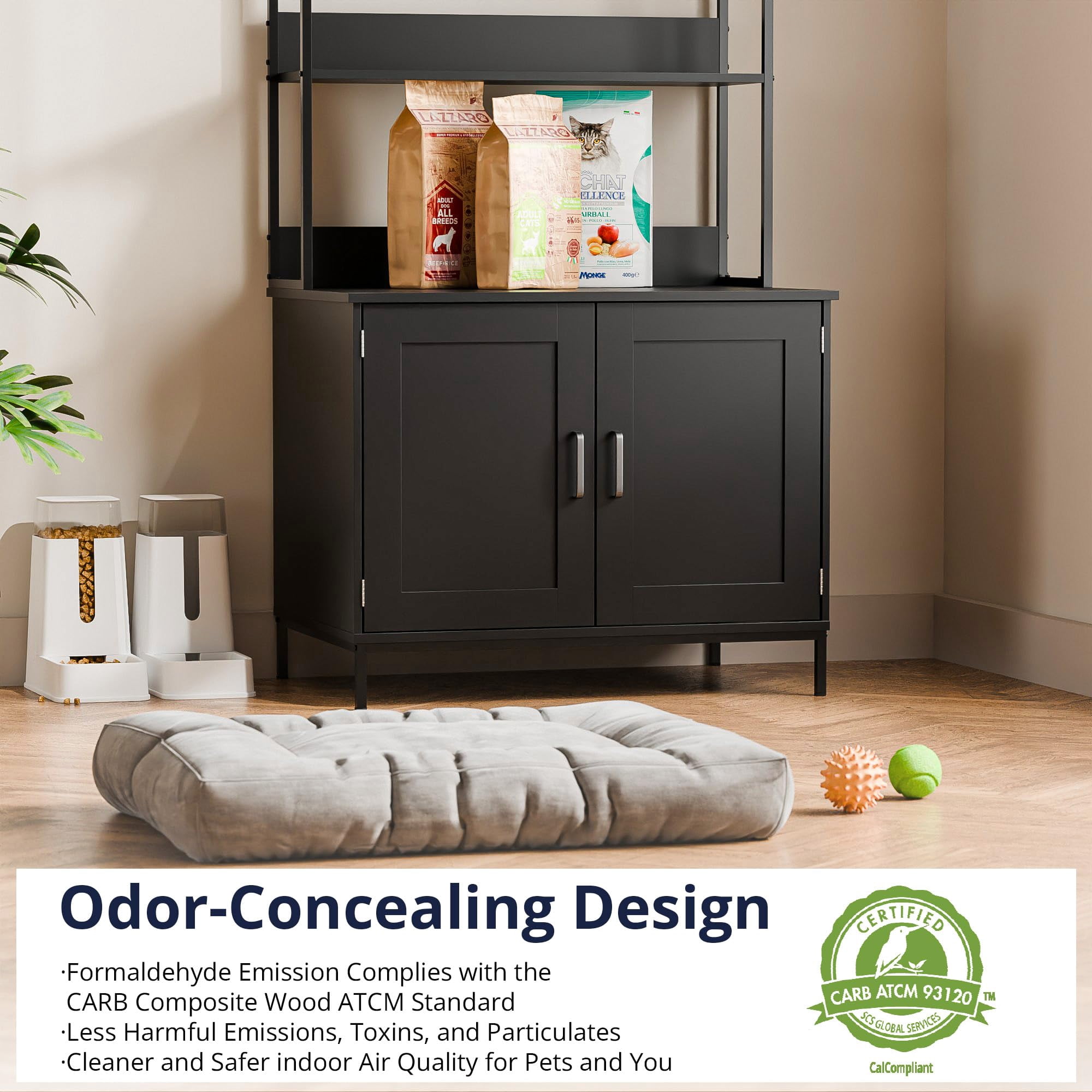 Cozy Castle Cat Litter Box Enclosure - 57'' Wooden Furniture with Large Cabinet, Shelves & 4 S-Hooks, Hidden Pet Washroom Indoor, Black