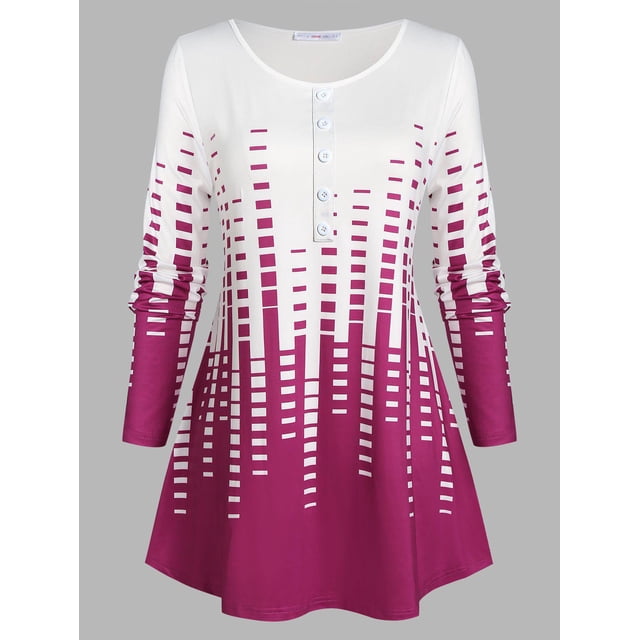 Camiseta Diseño Impreso Geométrico Botón Tamaño Grande Rosegal Mangas largas de talla grande