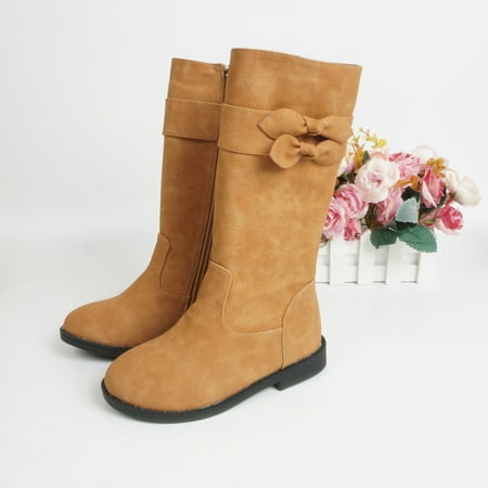 

Kids Girls Side Zip Leather Boots With Bow Design For Fall Winter New