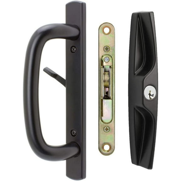 Veranda Sliding Glass Door Handle Set with Mortise Lock, Black, Keyed, 3-15/16” Screw Holes, 1-1/2” Door Thickness