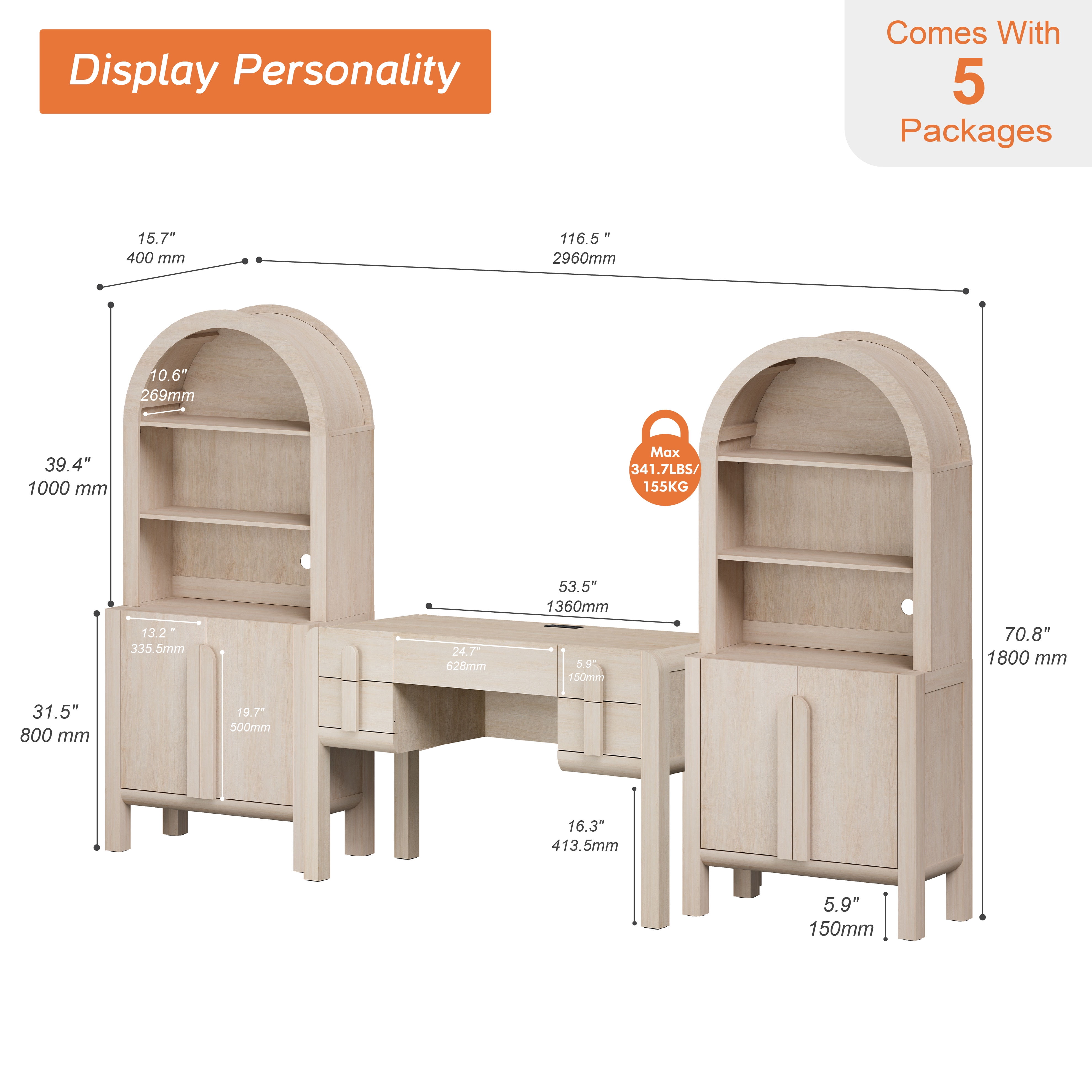 Home Office Set, 53.5" Modern Executive Desk with Charging Station and Drawers & 2 Piece 71"H Tall 5-Tier Arched Bookcases with Storage Cabinet for Living Room, Bedroom, Home Office