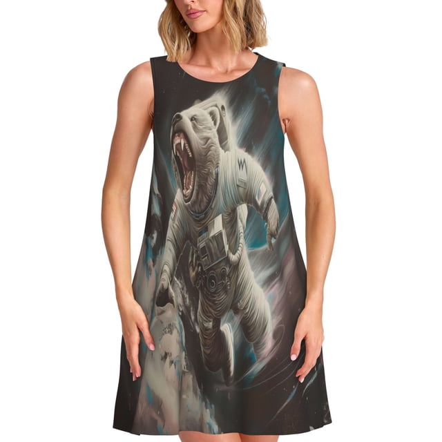 Balery Astronaut Polar Bear Roar Vestidos de verano para mujer con estampado: vestido holgado sin mangas, vestido playero informal y cómodo para días calurosos.