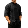 thumbnail image 2 of Men Mandarin Collar Frog Button Linen Button Up Shirt, 3/4 Sleeve Loose Casual Top with Pockets for Summer Vacation Daily Wear Black XL, 2 of 9