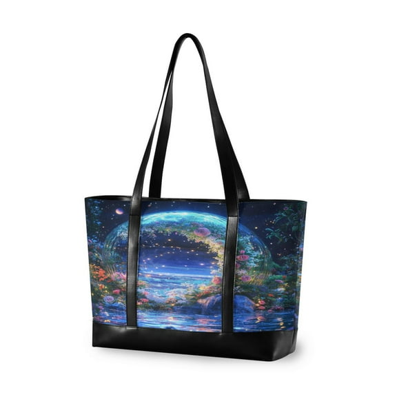 FORMRS Canvas Laptop Tote Bag for Women with 15.6" Computer Compartments Shoulder Handbag, Beautiful Floral Moon