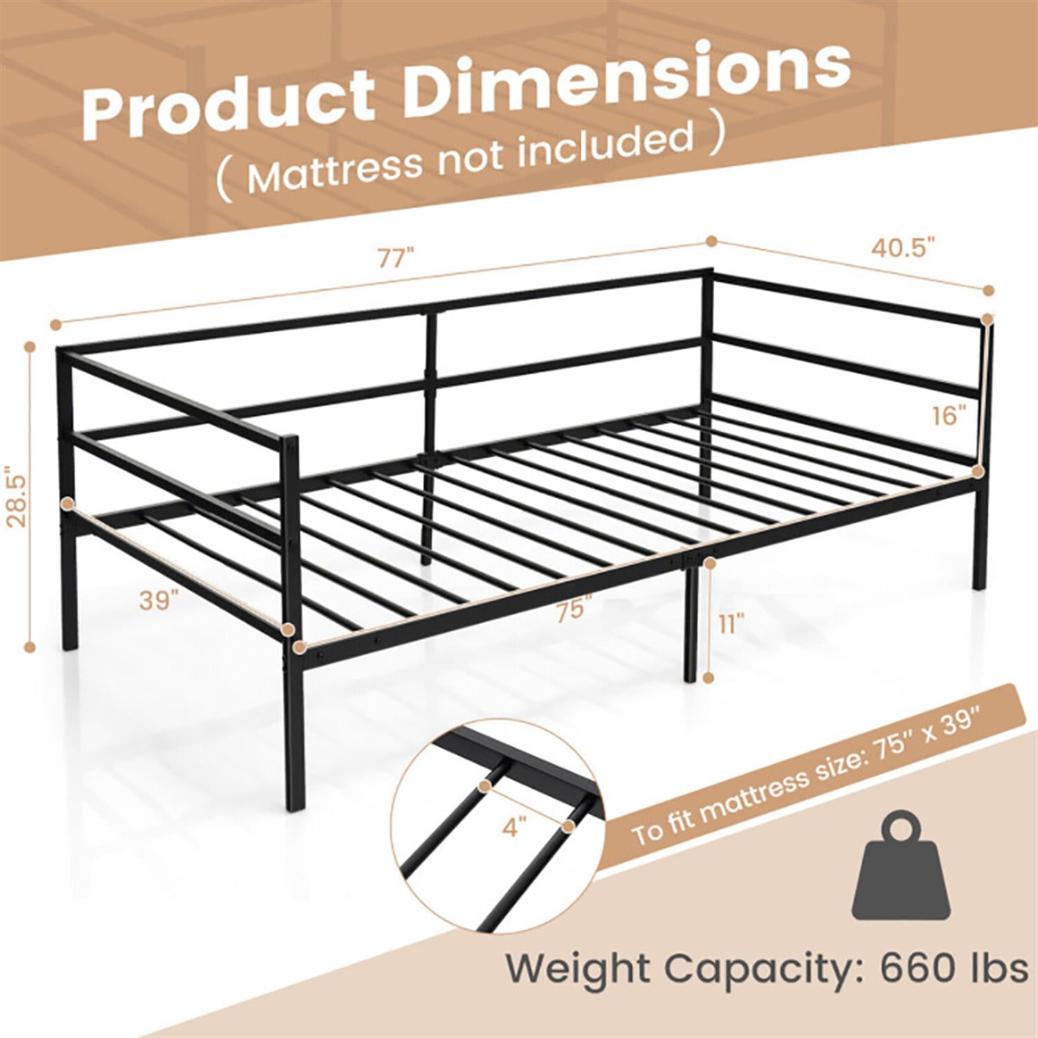 Demi Bonn Twin Size Metal Daybed Frame with Metal Slat Support and 3-Sided Guardrails, Modern Bed Frame for Teens, Black