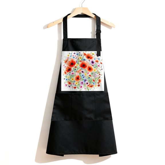 RKSupls Waterproof Bib Apron with 3 Pockets, Watercolor Poppy Flowers Adjustable Neck Strap Soft Polyester Water Resistant Apron for Kitchen Restaurant Home Use