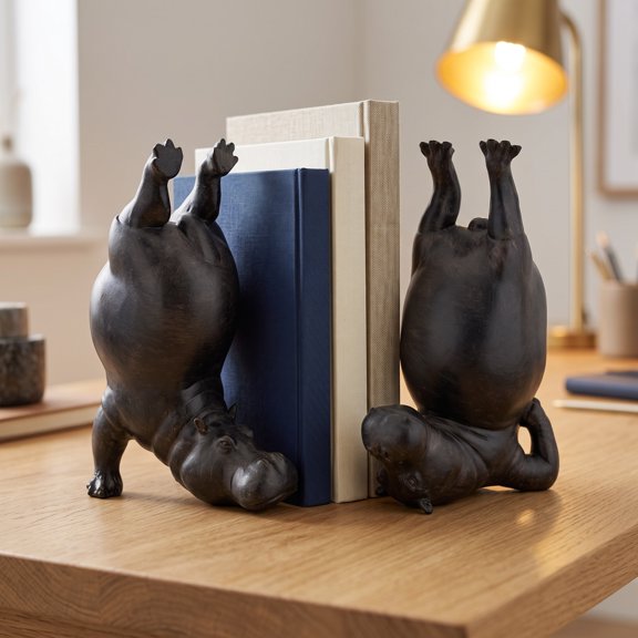 2 Pcs Yoga Hippo Bookends, Black Handstand Hippopotamus Book Ends, Decorative Bookends for Shelves, Rustic Animal Book Shelf Decor for Home Office