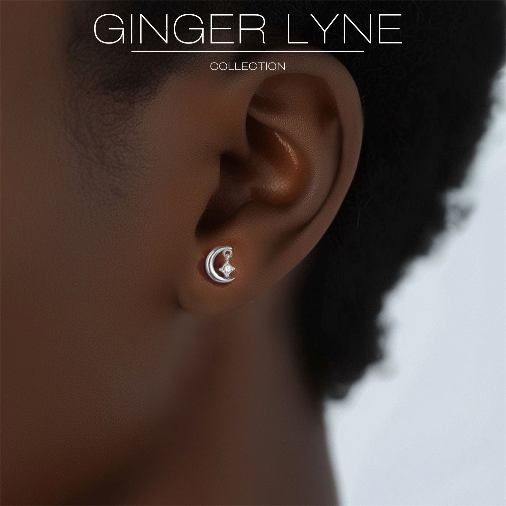Moon and Star Flat Back Earrings for Women Sterling Silver 16g Cartilage Helix Lobe Body Piercing Stud Ginger Lyne