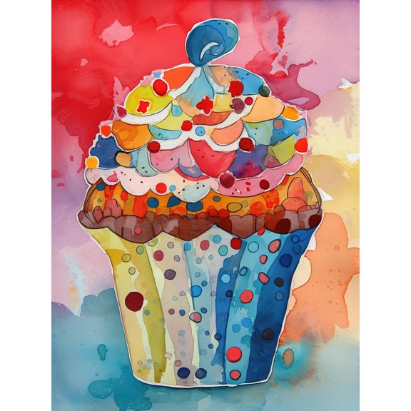 Cupcake With Sprinkles Modern Watercolour Painting Large Wall Art Poster Print Thick Paper 18X24 Inch