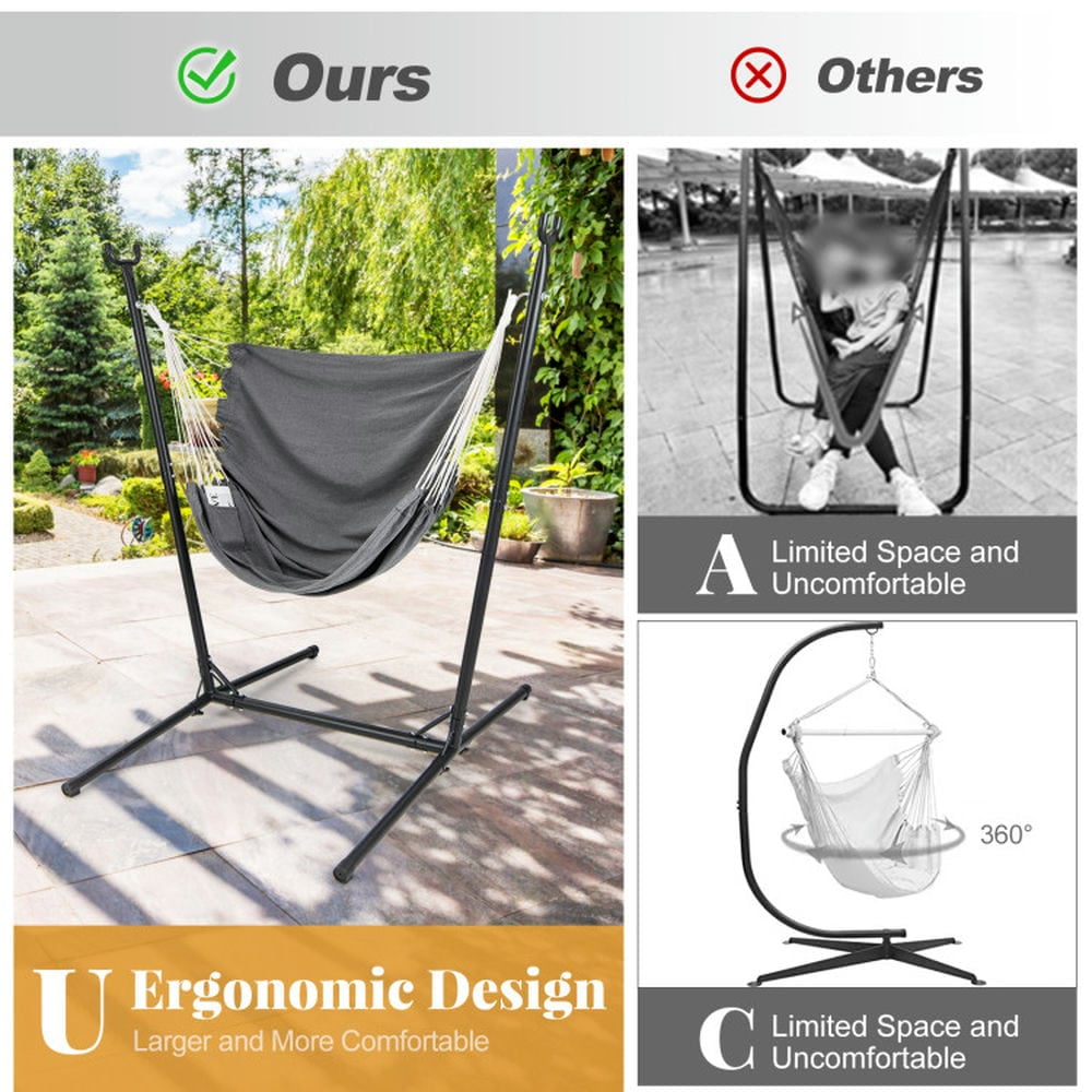 Demifill Hammock Chair with Stand 6-Position Adjustable Height and Side Pocket, Hammock Patio Furniture, Gray