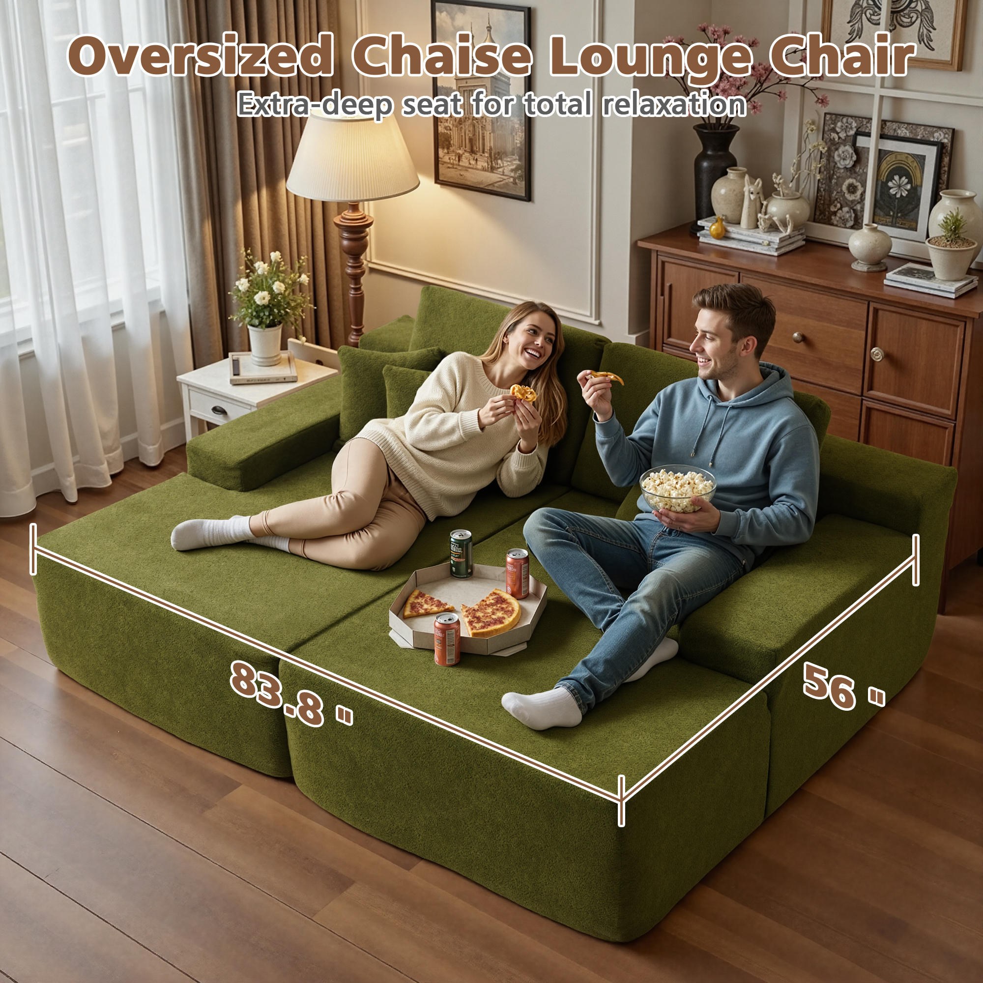 Ovios 74"W Oversized Double Chaise Lounge Chair Deep Seat Cloud Sofa Bed Sleeper Loveseat for Living Room, No Assembly, Green