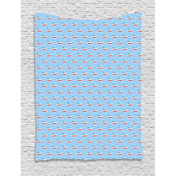 Cruise Ship Tapestry, Nautical Sailor Pattern Cartoon Ship on Sea Background, Wall Hanging for Bedroom Living Room Dorm Decor, 40W X 60L Inches, Pale Blue Vermilion and White, by Ambesonne