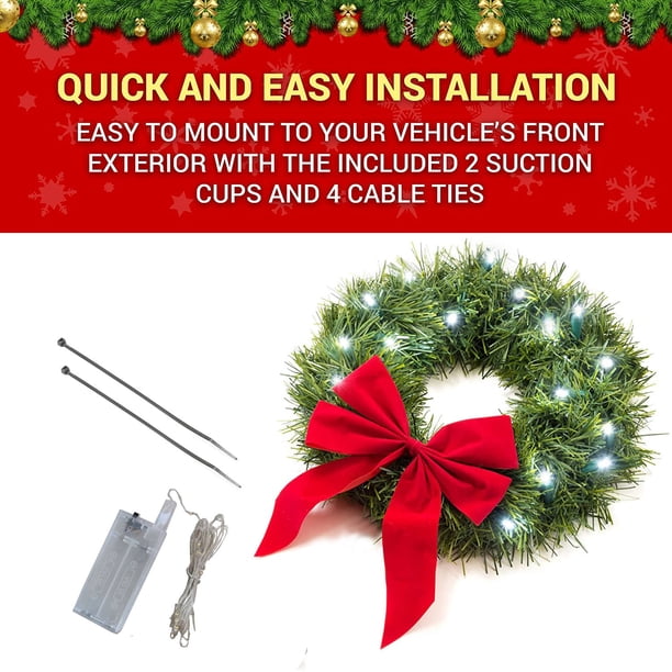Corona de Navidad LED para coche con lazo rojo Berry Corona iluminada artificial de 12 pulgadas para iluminación de parrilla delantera de coche para SUV de coche