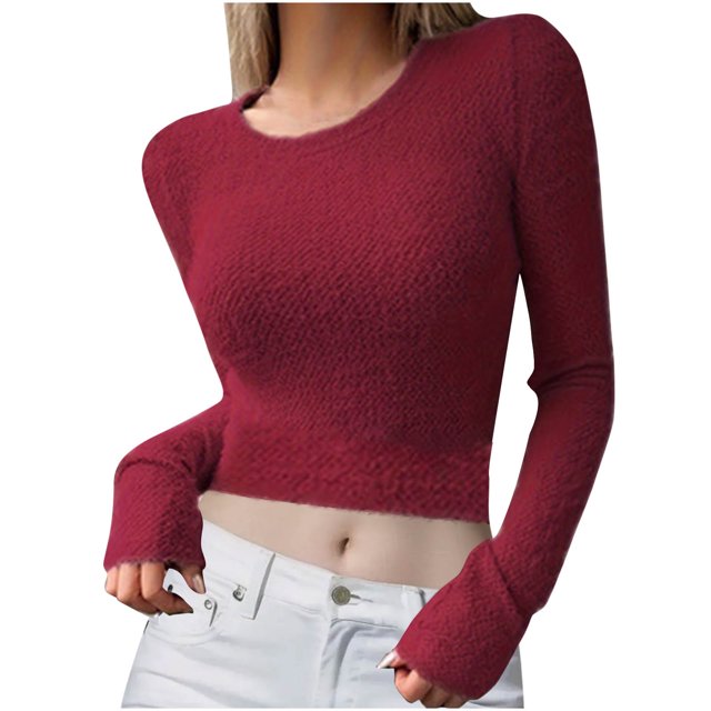 tarylea Hauts de Sortie pour Femmes Col Rond Extérieur Hauts Courts en Molleton Couleur Unie Chandails à Manches Longues Ajustés Décontractés Mignons