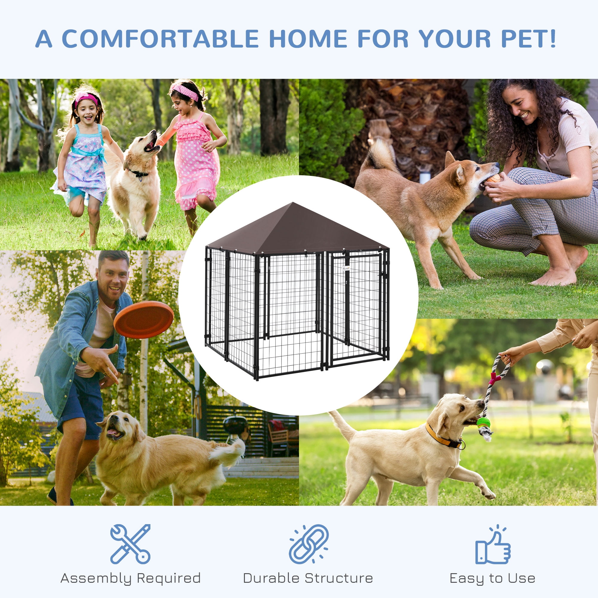 imerelez Dog Kennel Outdoor, Walk-in Pet Playpen, Welded Wire Steel Dog Fence with Water-and UV-Resistant Canopy, Jet Black 5' x 5' x 5'