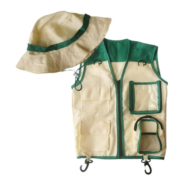 Chaleco y sombrero de explorador para niños, accesorios de juego de rol, equipo de aventura al aire libre Verde