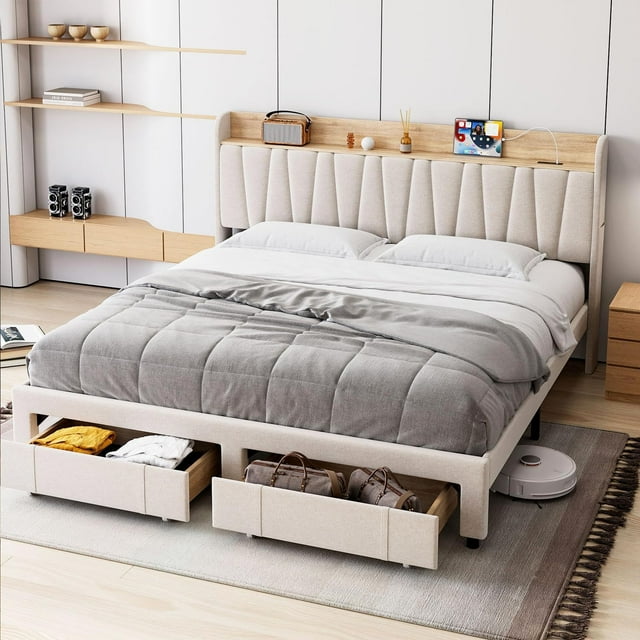 PIONEERWORKS King Bed Frame with Storage Headboard Platform, Linen Fabric Platform Bed with Charging Station & Drawer, No Box Spring Needed, Easy Assembly, Beige