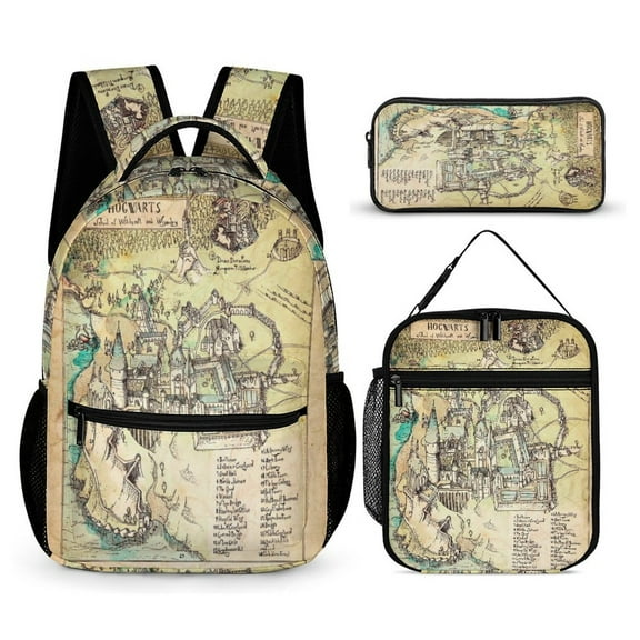 Hogwarts Map 3 PC Backpack Set Casual School Bag Daypack with Lunch Bag Outdoor Travel Large Capacity BagsOne Size