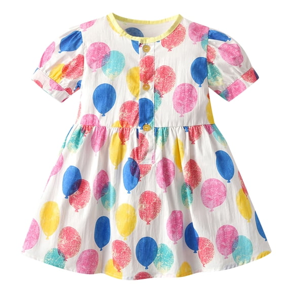 Youmylove Dresses For Girls Toddler Kids Children'S Summer Short Sleeve Balloon Printed Cartoon Prints Bowknot Princess Dress Fashion