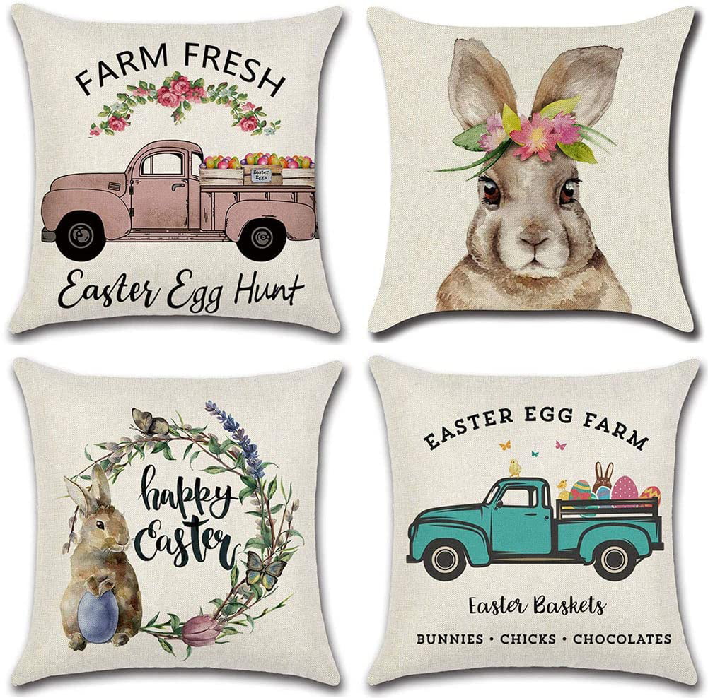 18" Decoration Pillow Bunny Cushion Cotton Linen Cover Easter Home Case pattern 
