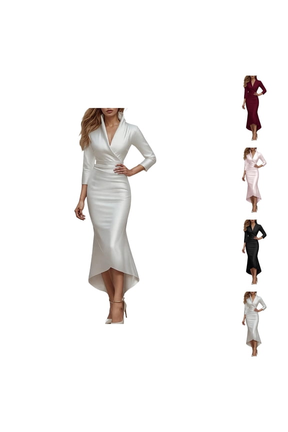 Formal Dresses for Women Satin Long Sleeve V Neck Stand Collar Slim Fit Maxi Bodycon Dress Wedding Guest Dress