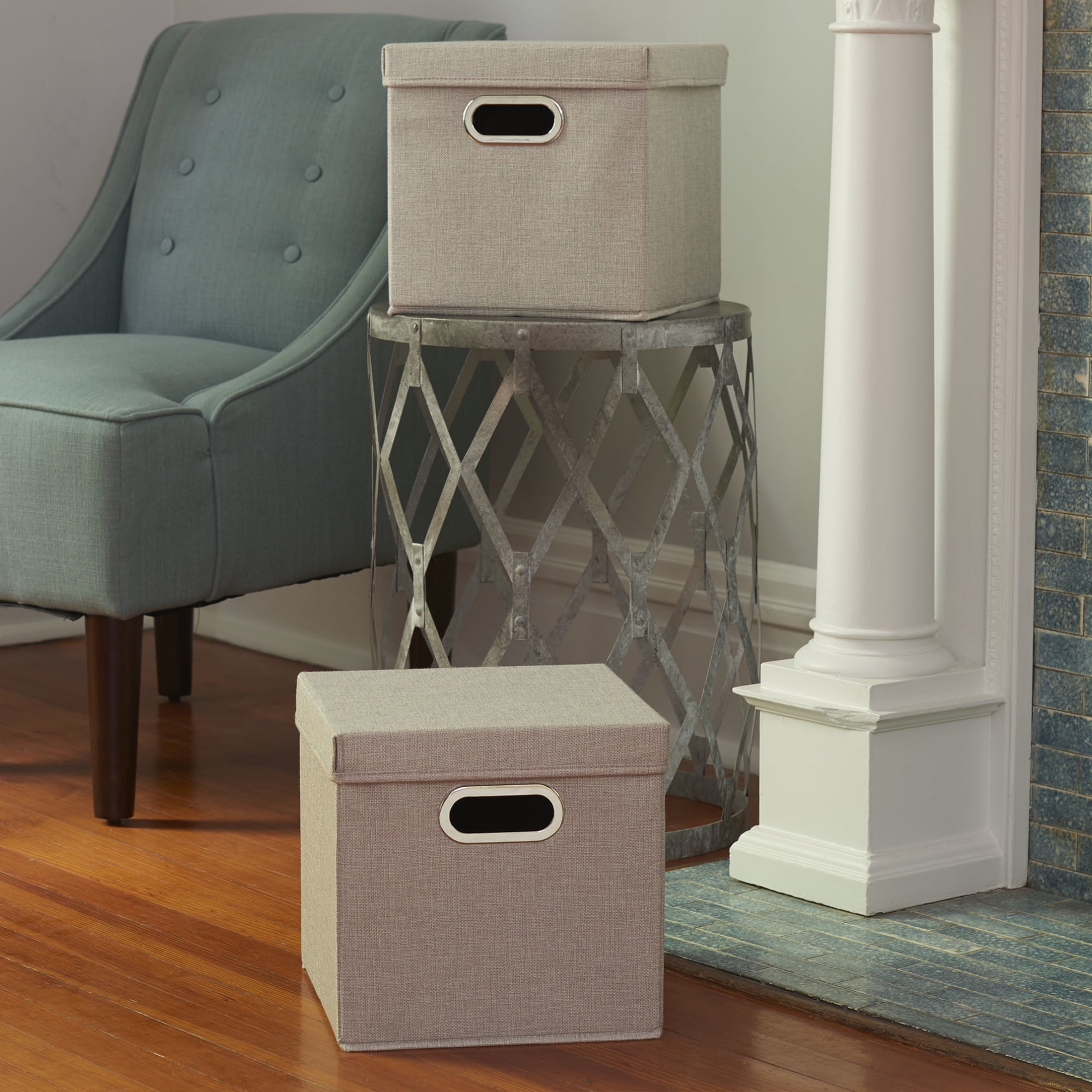 Household Essentials Storage Bins with Lids and Chromed Grommet Handles, Set of 2, Light Gray Textured Linen Look, Fits Standard Cube Shelves
