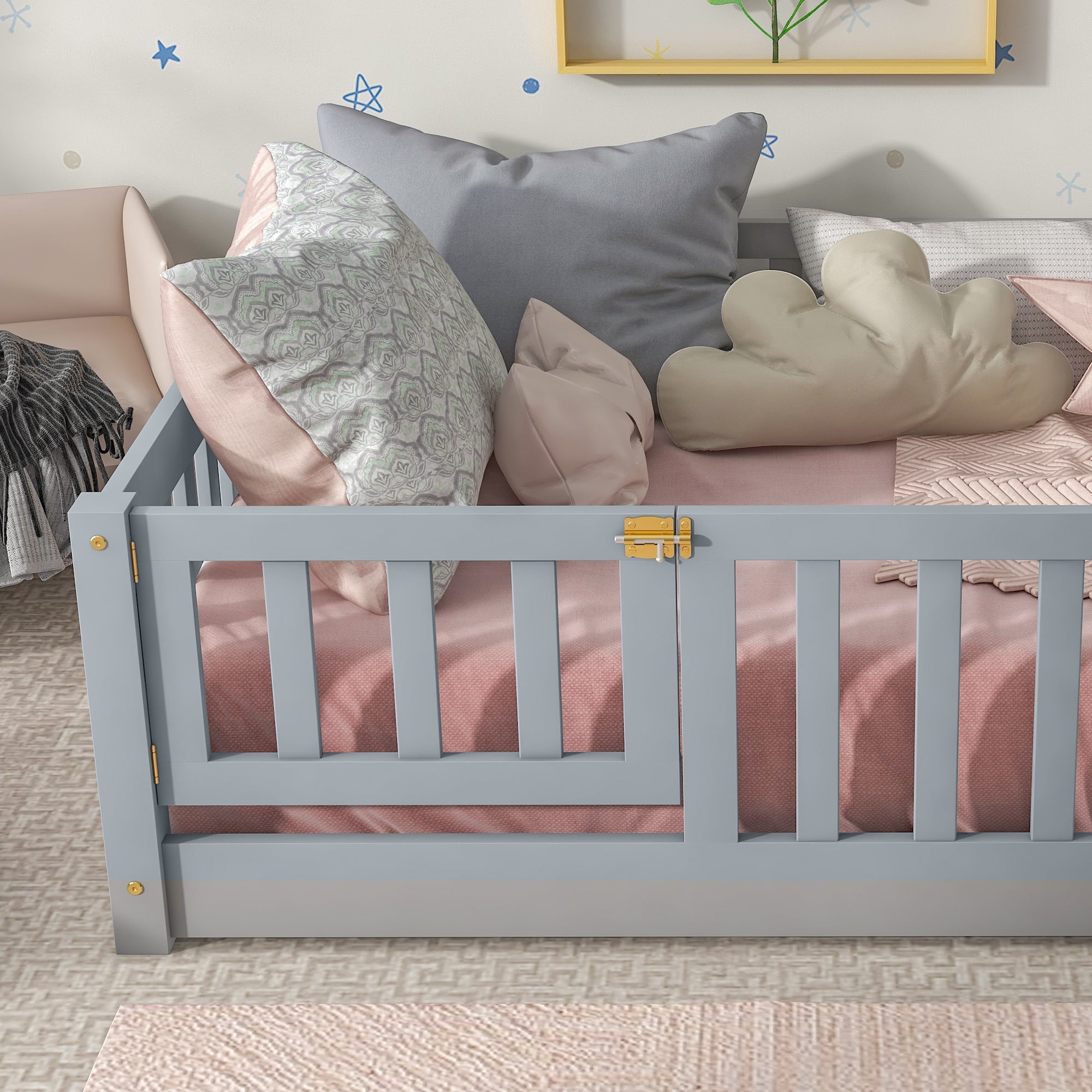 Sesslife Twin Size Floor Bed with Door and Fence, Wood Floor Platform Bed with Slats, Montessori Bed for Boys Girls, No Box Spring Needed, Grey