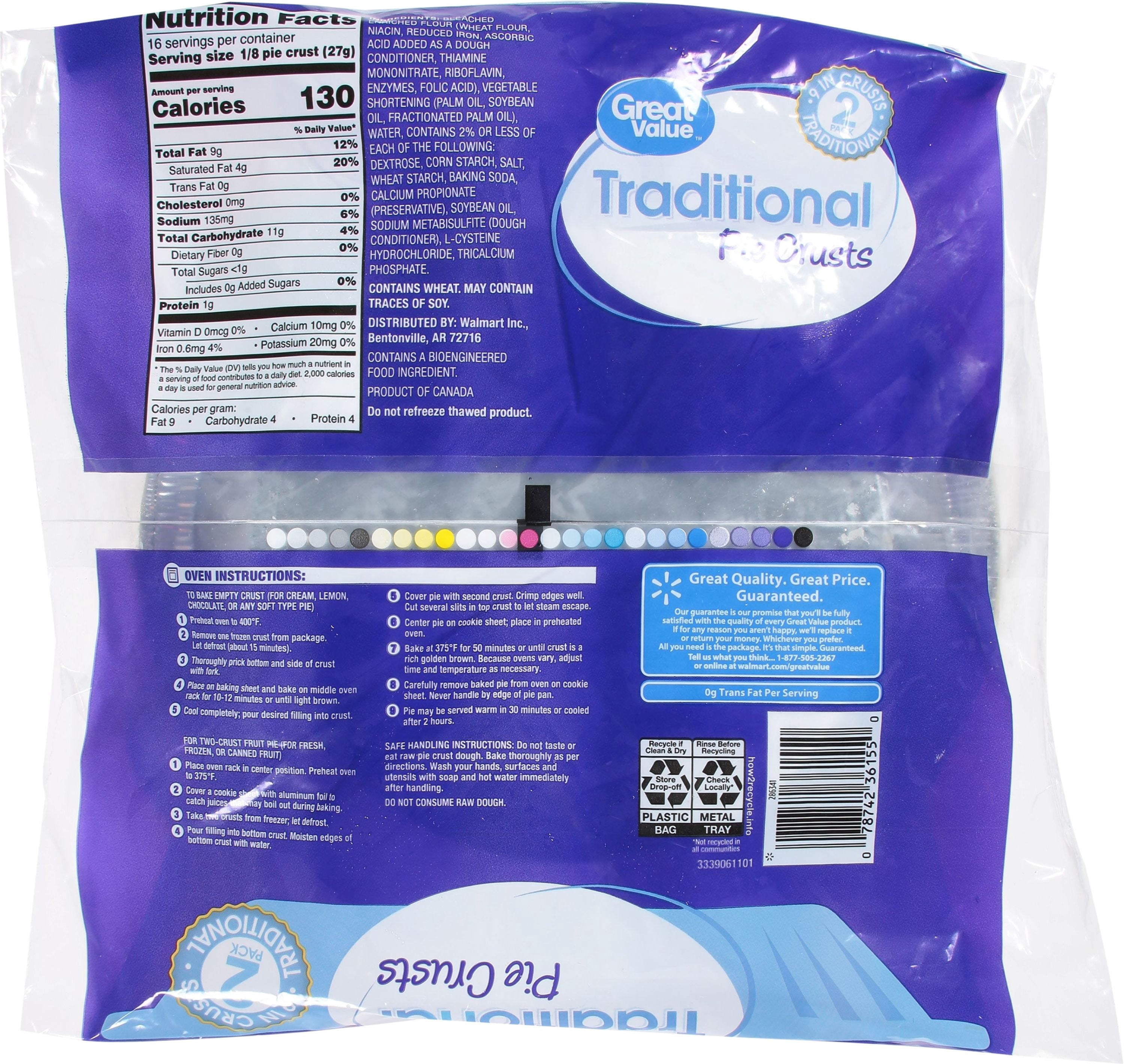 Great Value Pie Crusts, Frozen Traditional Two 9-inch Pie Crust and Pans, 15 oz Vegetarian