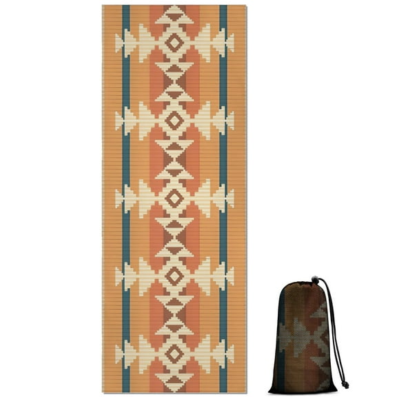 Brown Ethnic Geometric Pattern Hot Yoga Mat Towel Non Slip for Hot Yoga - Quick-Drying Yoga Mat Cover with 4 Corner Pockets with Travel Bag - Hot Yoga Towel Non Slip 70"x26"