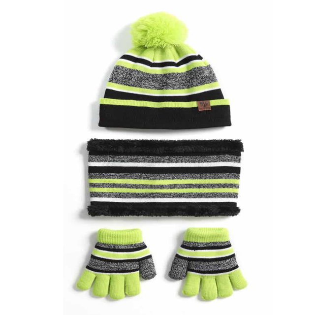 Gorro de invierno para niños, bufanda de invierno, juego de guantes, rayas cálidas, gorro de punto, bufanda, guantes, juego de bufanda de invierno para niñas de 3 a 7 años