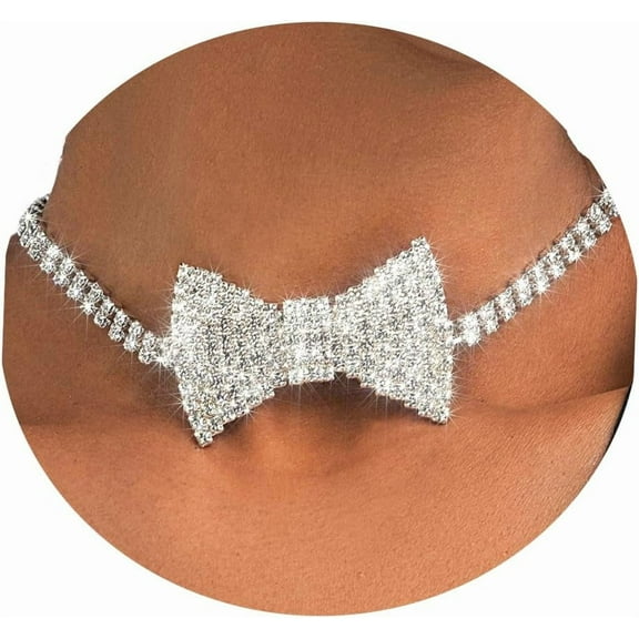 Sparkly Rhinestone Necklace Bowtie Crystal Choker Bowknot Tennis Chain Wedding Bridal Bridesmaid Costume Jewelry for Women[g564]