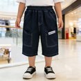thumbnail image 2 of Ticikt Boys' Cotton Denim Cargo Capri Shorts, Elastic Waist Multi-Pocket Summer Pants,Dark Blue,7-8 Years, 2 of 8