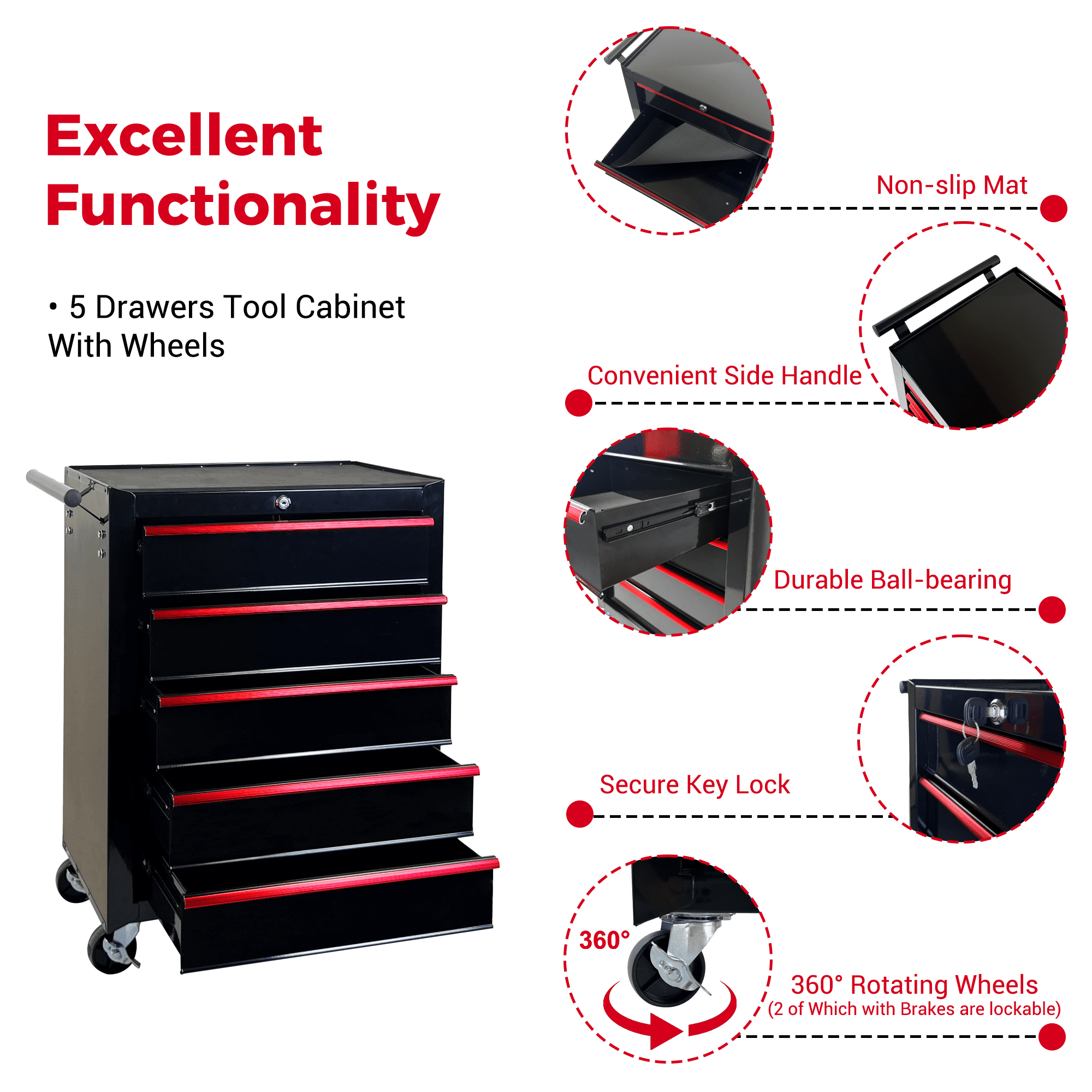 Rolling Metal Tool Chest with 5 Drawers, 20" 5-Drawer Tool Chest Cabinet with Ball Bearing Drawer Slides, Steel Tool Storage Box Organizer