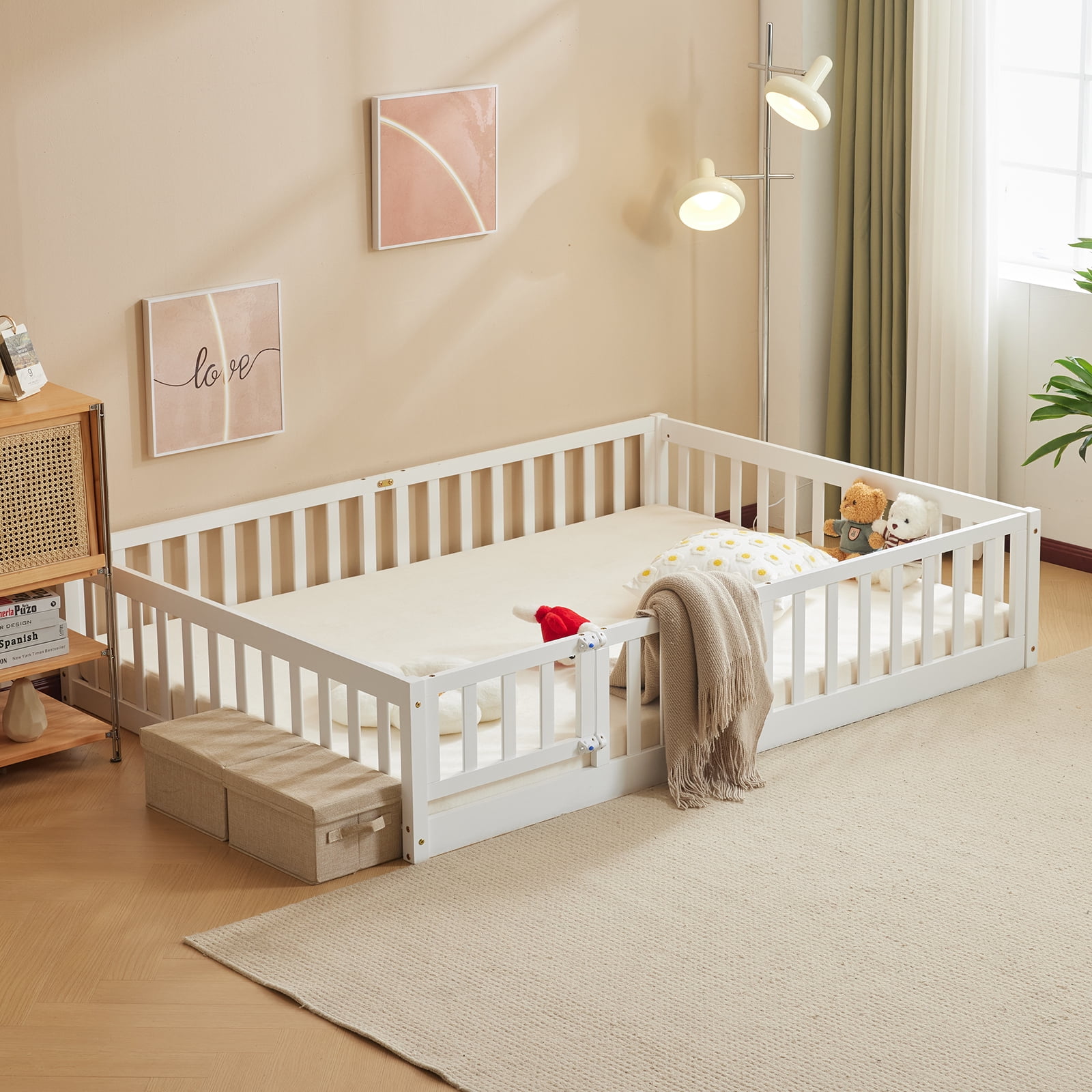 Ktaxon Montessori Full Floor Bed with Safety Guardrails, Toddler Bed Frame for Kids, Wood Frame - White