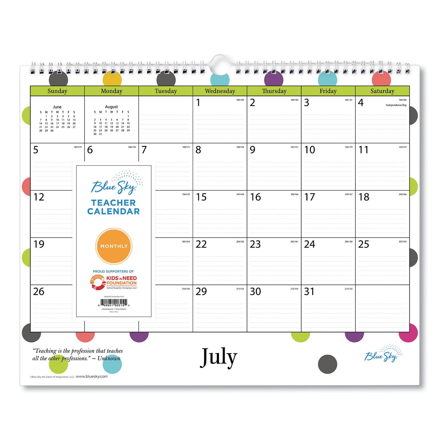 Blue Sky Academic Wall Calendar Teacher Dots Artwork/Formatting, 15 x