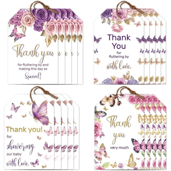 1 Set 120 Pcs 4 Styles Butterfly Gift Tags Flowers Paper Gift Tags with 30M String Love Hear Present Labels for Gift Wrapping Valentine's Day Party and Celebrations Decorations