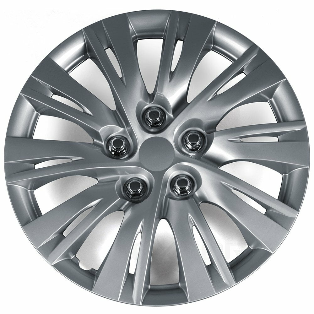 Fuel Rider Set of 4 16 inch Silver Snap-On Hubcaps With 10 Split Spoke Compatible With 2012-2014 Toyota Camry Standard Steel Wheel Covers