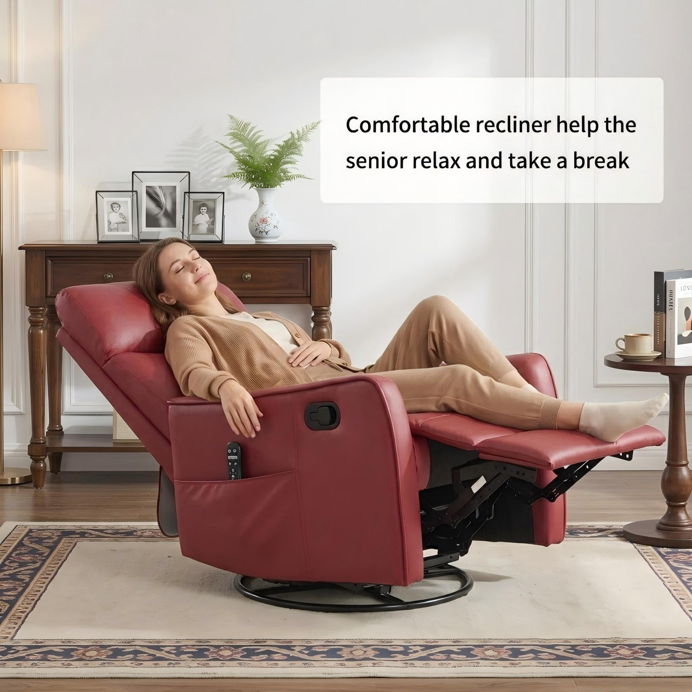 Aukfa Massage Recliner Chair with Heat, Faux Leather 360° Swivel Rocker Recliner, Overstuffed Manual Reclining Glider Chair with Vibration, Red