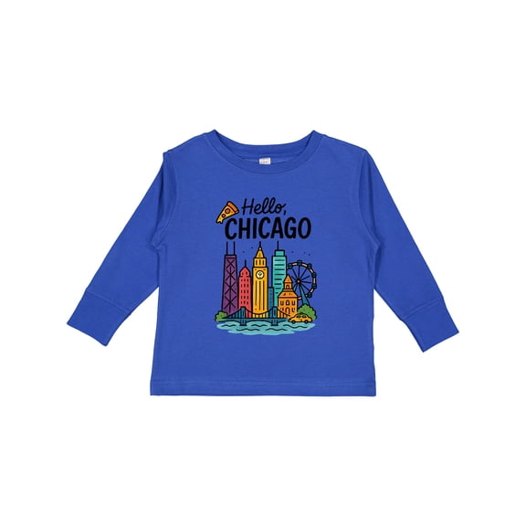Inktastic Hello Chicago Skyline Pizza Boys or Girls Long Sleeve Toddler T-Shirt