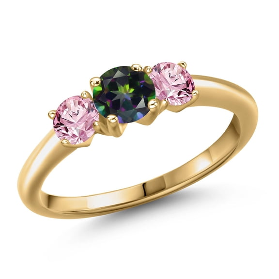 Gem Stone King 18K Yellow Gold Plated Silver Green Mystic Topaz and Pink Lab Grown Diamond Engagement Ring for Women | 1.05 Cttw | Round 5MM | Gemstone November Birthstone | Size 7