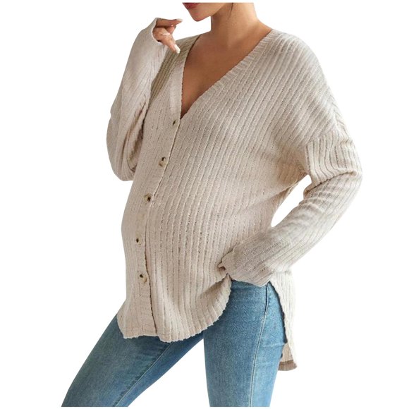 Bwiyojiz Sizes S-XL Knitting Cotton Maternity Maxi Dress Pregnant Women's Knitted Front Button Cardigan with Off Shoulder Sleeves Sweater Loose Coat Summer Clothes for Women Clothes, Mom Gifts