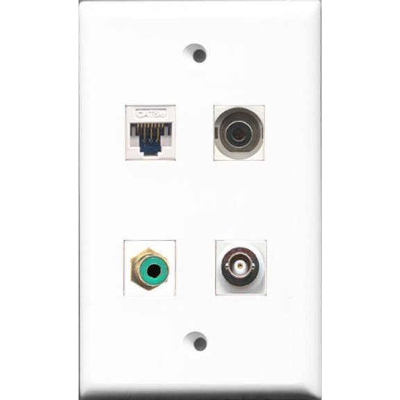 RiteAV - 1 Port RCA Green and 1 Port 3.5mm and 1 Port BNC and 1 Port Cat5e Ethernet White Wall Plate