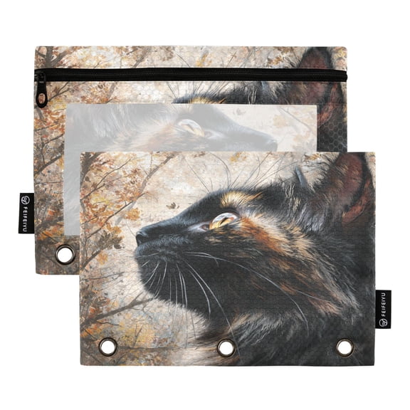 2 Pack 3 Ring Binder Pouch with Clear PVC Window Water Resistant Zipper Pencil Pouch Orange Black Cat Binder Pocket for Classroom Office Home Stationery Organization