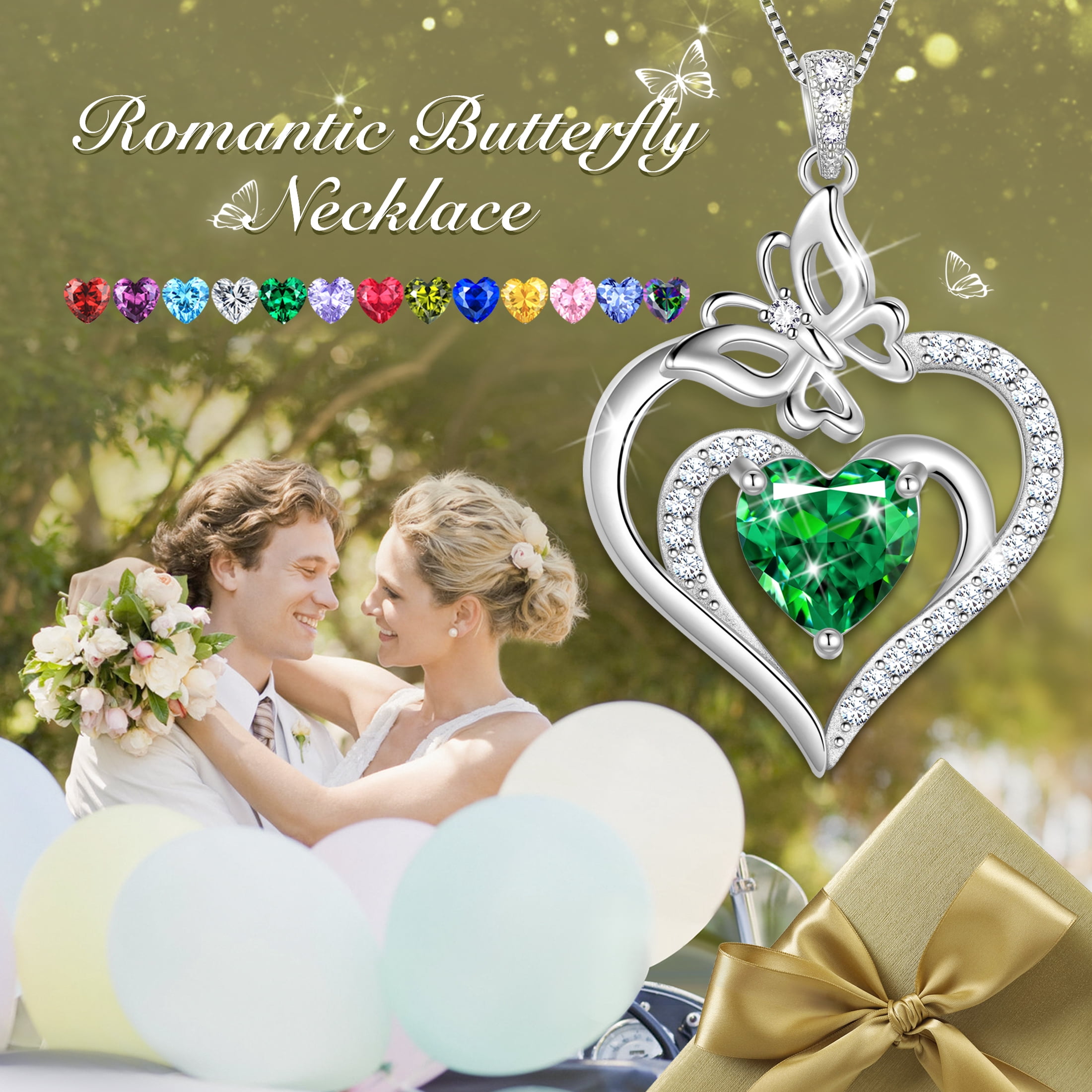 Beautlace 925 Sterling Silver Heart Multi Color Mystic Topaz Birthstone Necklace,Butterfly Pendant Necklace Cute Animal Jewelry Birthday Christmas Valentines Gifts for Women