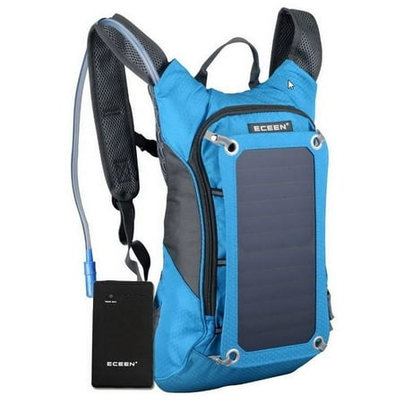 Blue Solar Powered 1.8 Liter Hydration Backpack / 7 Watt Solar Panel and 10K mAh Charging Battery / Phone and Electronic Device Power Charger Back Pack