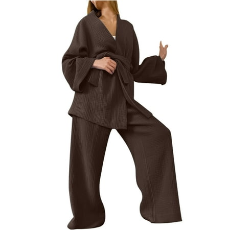 

Clearance Womens Pajamas Set Long Sleeve Top Wide Pants Sleepwear Womens Oversized Nightwear Soft Pj Loungewear Sets