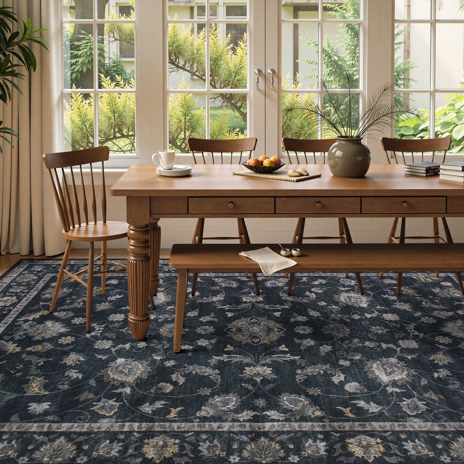 Lahome Decor Floral Area Rug 6'x9', Machine Washable Rugs for Living Room, Non Slip Rug with Vintage Printed, Low Pile Carpet for Bedroom Dining Room Home Office, Black