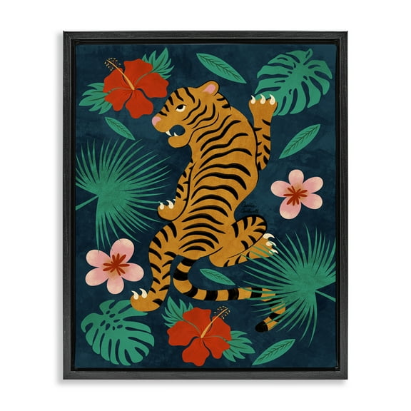 Stupell Industries Climbing Tiger Tropics Animals Painting Black Floater Framed Canvas Art Print Wall Art, 17 x 21