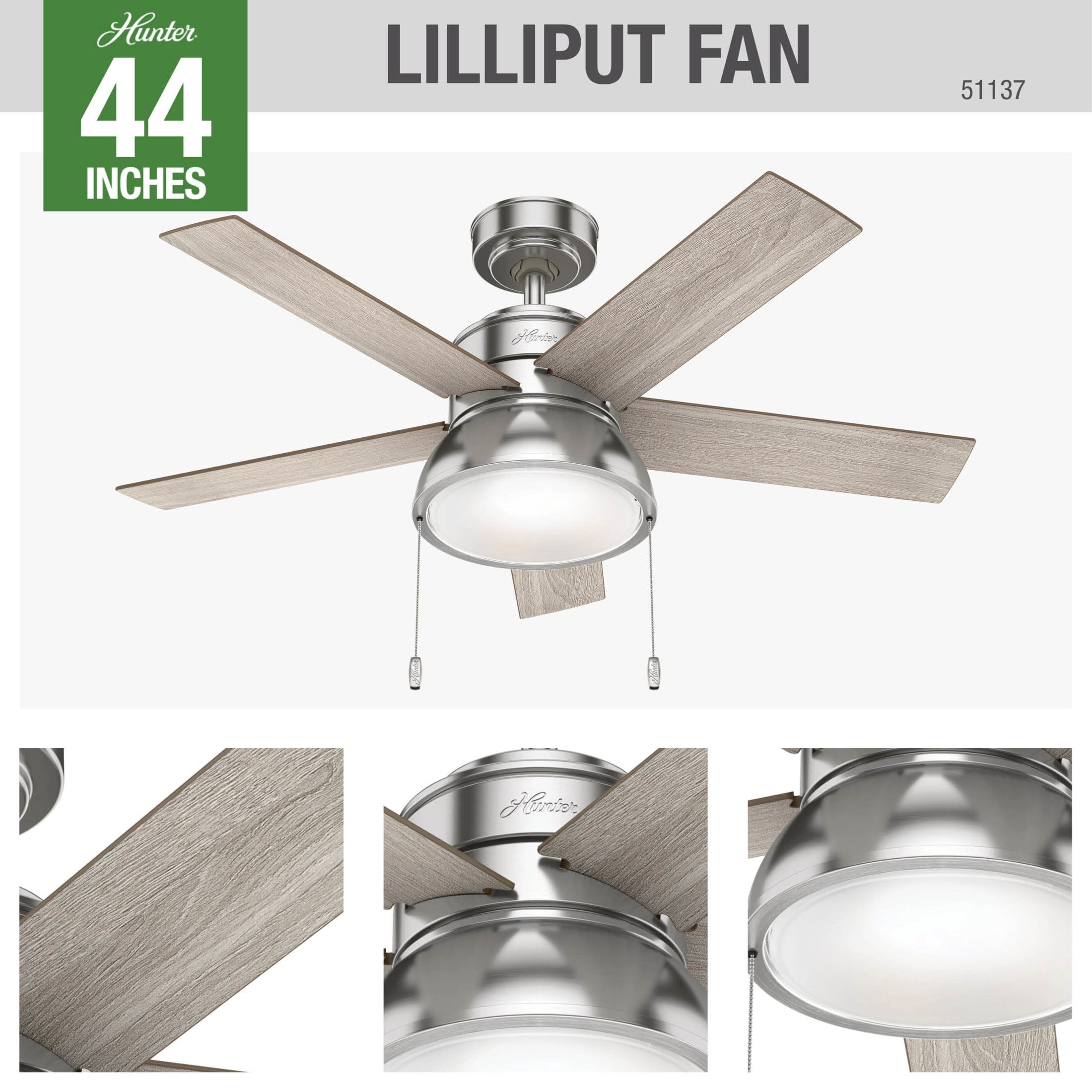 Hunter 44 inch Indoor Ceiling Fan with LED Light - Ceiling Fan with Pull Chain, For Bedroom, Living Room, or Kitchen, Standard Mount, No Remote, 5 Blades - Lilliput 51137, Brushed Nickel